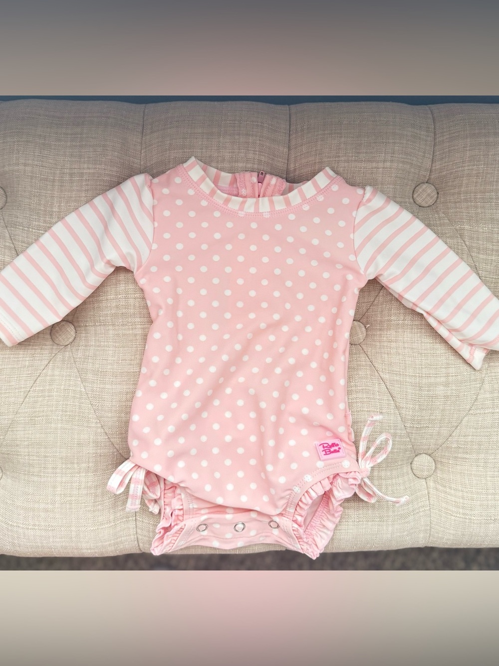 Ruffle Butts Baby Girl Swimsuit- Pink Polka Dot One-Piece w/ Striped Sleeves EUC